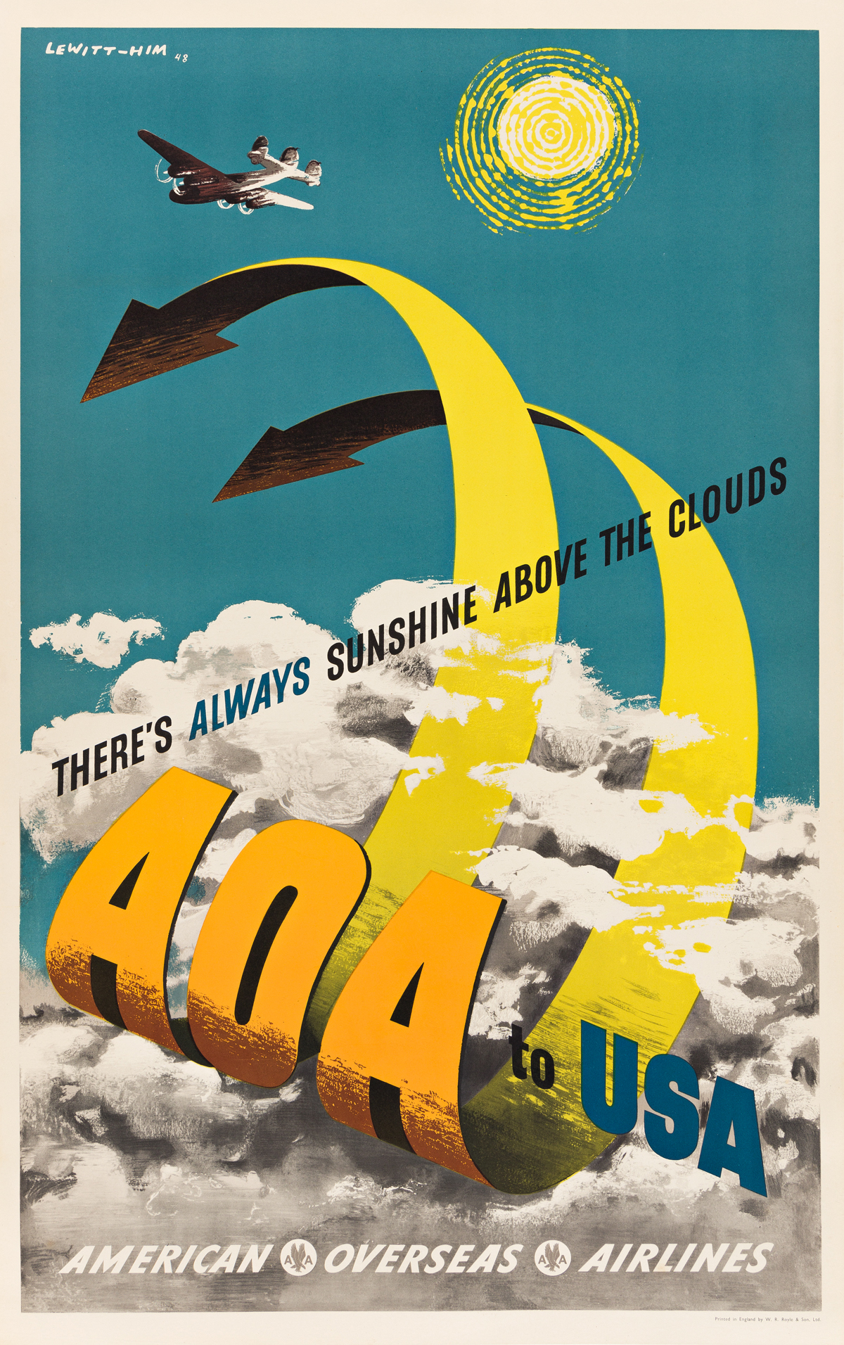 LEWITT-HIM (JAN LEWITT, 1907-1991 & JERZY HIM, 1900-1981).  AOA TO USA / AMERICAN OVERSEAS AIRLINES. 1948. 38x24 inches, 96½x63½ cm. W.